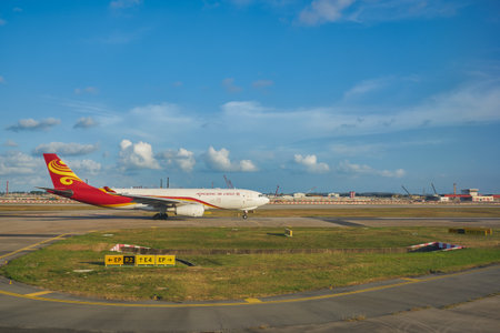 SINGAPORE - CIRCA JANUARY, 2020: Hong Kong Air Cargo aircraft taxing at Singapore Changi Airport.のeditorial素材