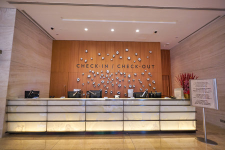 SINGAPORE - JANUARY 20, 2020: check-in / check-out counter at Marina Bay Sands in Singapore.のeditorial素材