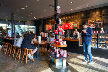 SHENZHEN, CHINA - CIRCA NOVEMBER, 2019: interior shot of Starbucks Coffee in Shenzhen.のeditorial素材