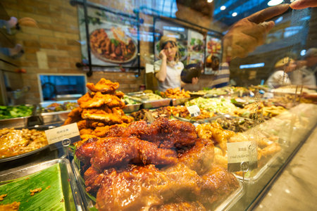 SINGAPORE - JANUARY 20, 2020: prepared food on display seen at a food court in the Shoppes at Marina Bay Sandsのeditorial素材