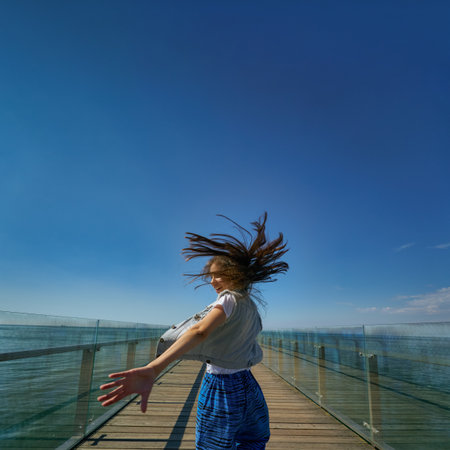 Outdoor photo of young caucasian teenager in Zelenogradsk.の写真素材