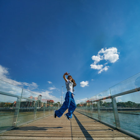 Outdoor photo of young caucasian teenager in Zelenogradsk.の写真素材