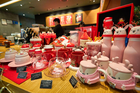 SHENZHEN, CHINA - CIRCA NOVEMBER, 2019: goods on display at Starbucks Coffee in Shenzhen.のeditorial素材