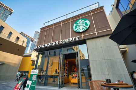 SHENZHEN, CHINA - CIRCA NOVEMBER, 2019: entrance to Starbucks Coffee in Shenzhen.のeditorial素材