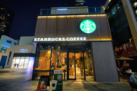 SHENZHEN, CHINA - CIRCA NOVEMBER, 2019: entrance to Starbucks Coffee in Shenzhen.のeditorial素材