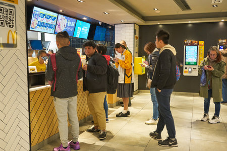 HONG KONG, CHINA - CIRCA DECEMBER, 2019: interior shot of McDonald's restaurant in Hong Kong....