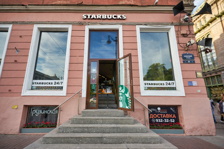 SAINT PETERSBURG, RUSSIA - CIRCA JULY, 2020: entrance to Starbucks Coffee in Saint Petersburg.のeditorial素材