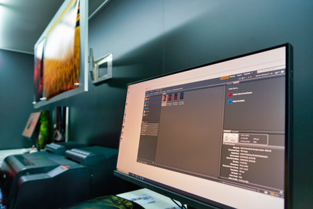 COLOGNE, GERMANY - CIRCA SEPTEMBER, 2018: close up shot of professional monitor at Canon stand at the Photokina Exhibition.のeditorial素材