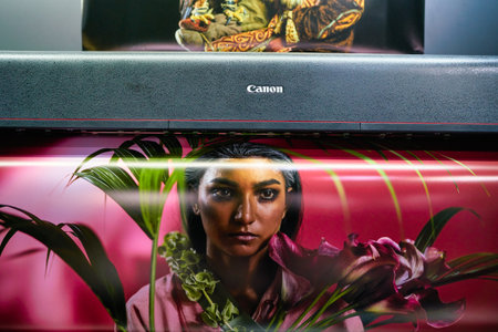 COLOGNE, GERMANY - CIRCA SEPTEMBER, 2018: close up shot of Canon professional printer at the...