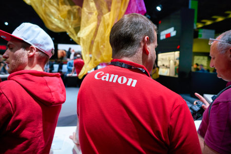 COLOGNE, GERMANY - CIRCA SEPTEMBER, 2018: Canon stand at the Photokina Exhibition. Photokina is a leading trade fair for the worldwide photo industry.のeditorial素材