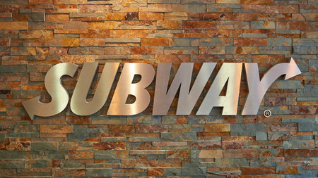 NICE, FRANCE - AUGUST 15, 2015: close up shot of Subway fast food restaurant sign.のeditorial素材