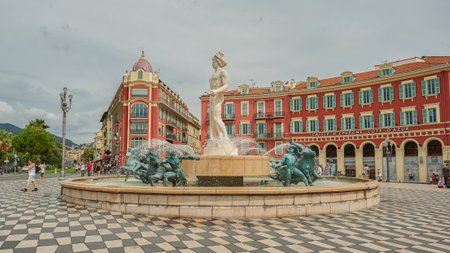 NICE, FRANCE - AUGUST 15, 2015: street level veiw of Fountain of the Sun in Nice.のeditorial素材