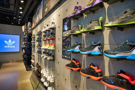 HONG KONG - CIRCA DECEMBER, 2019: footwears on display at Adidas store in Hong Kong.のeditorial素材