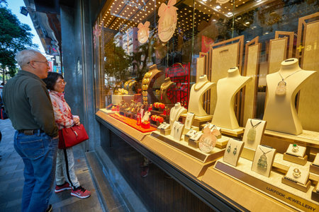 HONG KONG - CIRCA DECEMBER, 2019: jewelleries on display at store in Hong Kong.のeditorial素材