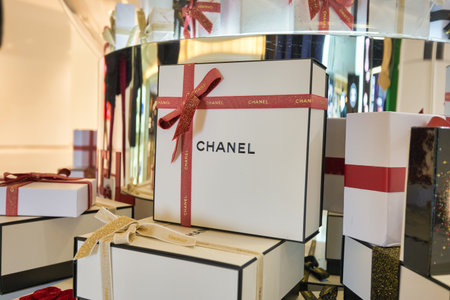 HONG KONG - CIRCA DECEMBER, 2019: Chanel products on display at Harbour City shopping centre.