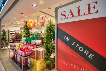 HONG KONG - CIRCA DECEMBER, 2019: close up shot of Sale sign as seen in Marks and Spencer store at shopping mall in the town centre of Sha Tin.のeditorial素材