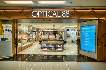HONG KONG - CIRCA DECEMBER, 2019: glasses on display at Optical 88 store in New Town Plaza shopping...
