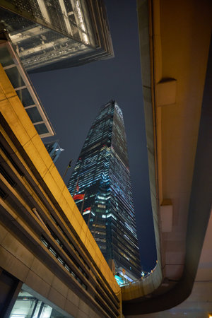 HONG KONG - CIRCA DECEMBER, 2019: street level view of The International Commerce Centre in Hong...
