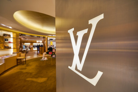 HONG KONG - CIRCA DECEMBER, 2019: close up shot of LV sign as seen at Elements shopping mall in Hong Kong.のeditorial素材