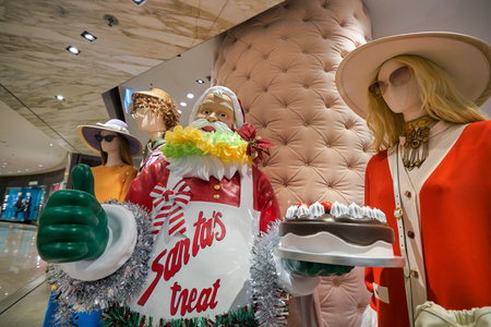 HONG KONG - CIRCA DECEMBER, 2019: close up shot of life-size Santa Claus statue on display at Gucci store at Elements shopping mall in Hong Kong.のeditorial素材