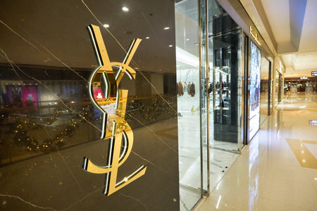 HONG KONG - CIRCA DECEMBER, 2019: close up shot of YSL sign as seen at Elements shopping mall in...