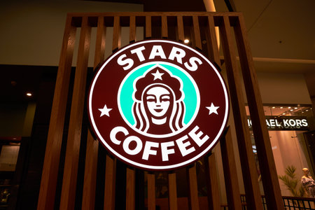 SAINT PETERSBURG, RUSSIA - CIRCA SEPTEMBER, 2022: close up shot of Stars Coffee sign as seen in Galeria Shopping Mall. Stars Coffee replaced Starbucks in Russia.のeditorial素材