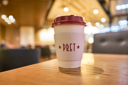 HONG KONG - CIRCA DECEMBER, 2019: cup of coffee served in Pret a Manger. Pret a Manger is an international sandwich shop franchise chain based in the United Kingdom.のeditorial素材