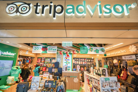 HONG KONG - CIRCA DECEMBER, 2019: TripAdvisor shop in Hong Kong International Airport.