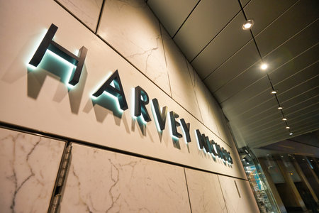 HONG KONG - CIRCA DECEMBER, 2019: close up shot of Harvey Nichols sign as seen at Landmark.