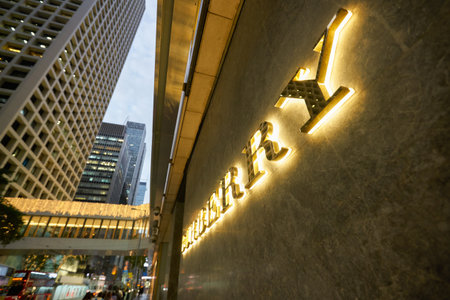 HONG KONG - CIRCA DECEMBER, 2019: close up shot of Burberry sign as seen in Hong Kong.のeditorial素材