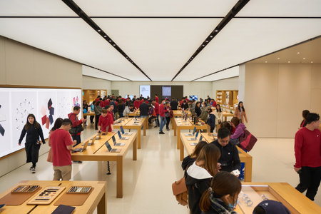 HONG KONG - CIRCA DECEMBER, 2019: interior shot of Apple store at New Town Plaza in Hong Kong.
