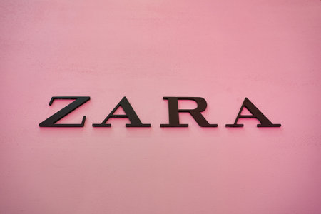 SAINT PETERSBURG, RUSSIA - CIRCA SEPTEMBER, 2022: close up shot of Zara sign as seen at Galeria Shopping Mall.のeditorial素材