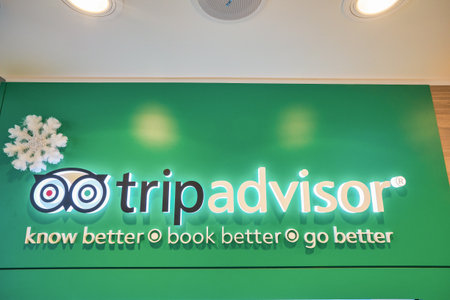 HONG KONG - CIRCA DECEMBER, 2019: TripAdvisor sign as seen at the shop in Hong Kong International Airport.のeditorial素材
