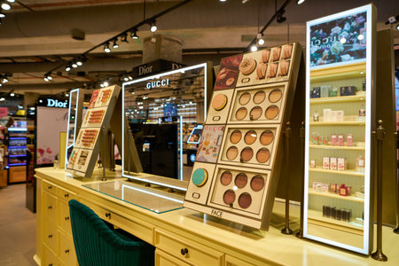 SAINT PETERSBURG, RUSSIA - CIRCA SEPTEMBER, 2022: interior shot of Gold Apple store at Nevsky Centre Shopping Mall. Gold Apple is a Russian chain of beauty stores.のeditorial素材