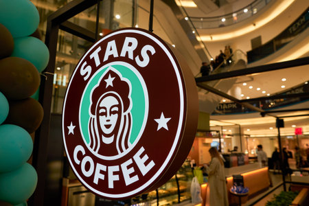 SAINT PETERSBURG, RUSSIA - CIRCA SEPTEMBER, 2022: close up shot of Stars Coffee sign as seen  in Nevsky Centre Shopping Mall. Stars Coffee replaced Starbucks in Russia.のeditorial素材