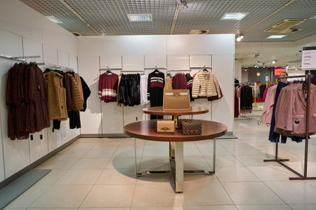 SAINT PETERSBURG, RUSSIA - CIRCA SEPTEMBER, 2022: clothes on display in Stockmann at Nevsky Centre...