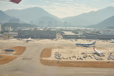 HONG KONG - CIRCA DECEMBER, 2019: aerial view from Aeroflot Boeing 777-300ER after take-off from Hong Kong International Airport.のeditorial素材