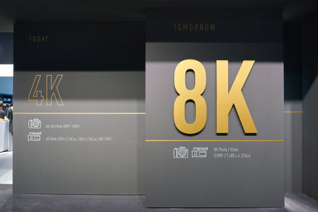 COLOGNE, GERMANY - CIRCA SEPTEMBER, 2018: 4K and 8K signs as seen at Photokina Exhibition. Photokina is a trade fair held in Europe for the photographic and imaging industries.のeditorial素材