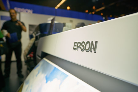 COLOGNE, GERMANY - CIRCA SEPTEMBER, 2018: close up shot of Epson SureColor SC-P20000 at Photokina Exhibition. Photokina is a trade fair held in Europe for the photographic and imaging industries.のeditorial素材