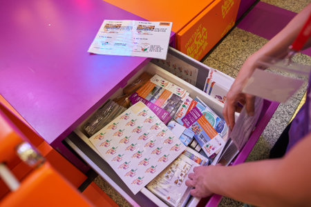 HONG KONG - CIRCA JUNE, 2015: stickers and other materials as seen during Hong Kong Summer Fun promotion in Chek Lap Kok International Airport.のeditorial素材