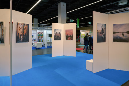 COLOGNE, GERMANY - CIRCA SEPTEMBER, 2018: interior shot of Photokina Exhibition. Photokina is a trade fair held in Europe for the photographic and imaging industries.のeditorial素材