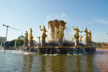 MOSCOW, RUSSIA - CIRCA SEPTEMBER, 2018: street level view of Friendship of Peoples Fountain at Exhibition of Achievements of National Economy in Moscow.のeditorial素材