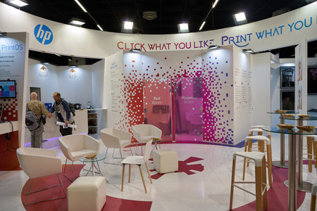 COLOGNE, GERMANY - CIRCA SEPTEMBER, 2018: Hewlett-Packard space at Photokina Exhibition. Photokina...