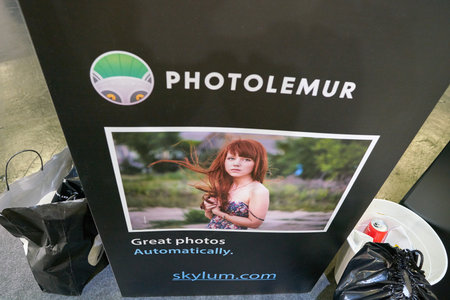 COLOGNE, GERMANY - CIRCA SEPTEMBER, 2018: close up shot of Skylum poster as seen at Photokina Exhibition. Photokina is a trade fair held in Europe for the photographic and imaging industries.のeditorial素材
