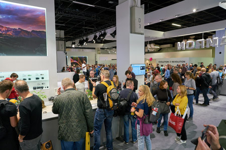 COLOGNE, GERMANY - CIRCA SEPTEMBER, 2018: Tamron space at Photokina Exhibition. Photokina is a trade fair held in Europe for the photographic and imaging industries.のeditorial素材