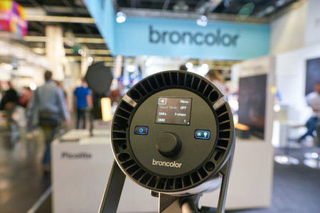 COLOGNE, GERMANY - CIRCA SEPTEMBER, 2018: close up shot of Broncolor LED lamp as seen at Photokina...
