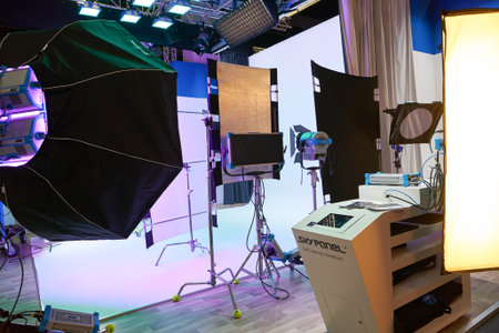 COLOGNE, GERMANY - CIRCA SEPTEMBER, 2018: studio equipment on display at Photokina Exhibition. Photokina is a trade fair held in Europe for the photographic and imaging industries.のeditorial素材