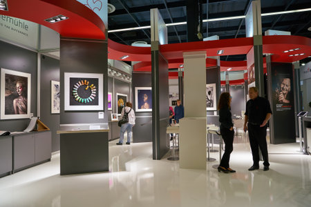 COLOGNE, GERMANY - CIRCA SEPTEMBER, 2018: interior shot of Photokina Exhibition. Photokina is a trade fair held in Europe for the photographic and imaging industries.のeditorial素材