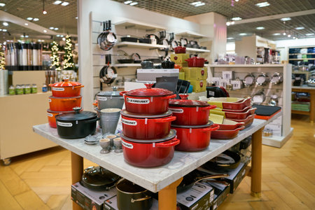 ROME, ITALY - CIRCA NOVEMBER, 2017: Le Creuset cookware displayed at Rinascente store in Rome.