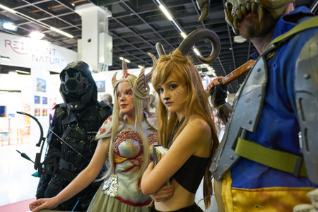COLOGNE, GERMANY - CIRCA SEPTEMBER, 2018: cosplayers at Photokina Exhibition. Photokina is a trade fair held in Europe for the photographic and imaging industries.のeditorial素材